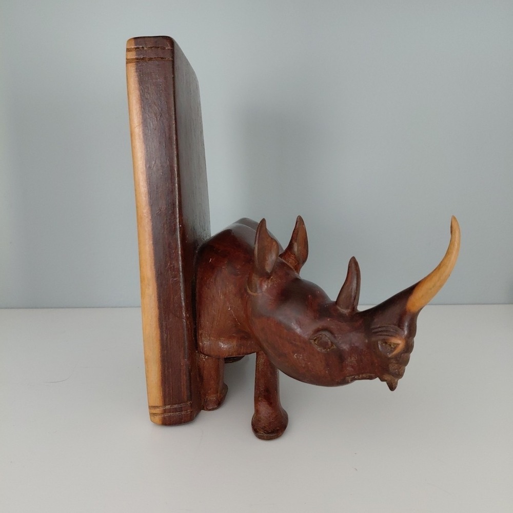 Vintage Hand Carved Natural Wood African RHINO Bookends Heavy Artist Detailed - Picture 8 of 16